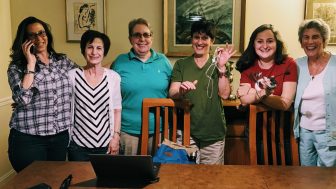 Six JUFJ Campaign Fund women at a phone bank.