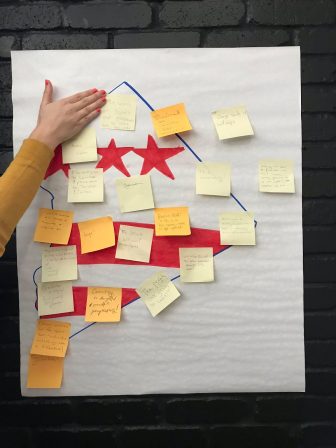 Post it notes stuck to an outline of DC with the DC flag drawn on it.