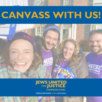 JUFJ Campaign Fund volunteers canvassing for Janeese Lewis George with text: Canvass with us!