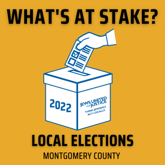 Hand casting ballot with text: What's At Stake? 2022 Local Elections Montgomery County